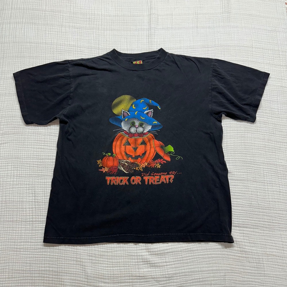 Vtg 90s Halloween Trick or Treat Witch Pumpkin Cat Spooky Single Stitch Tee L